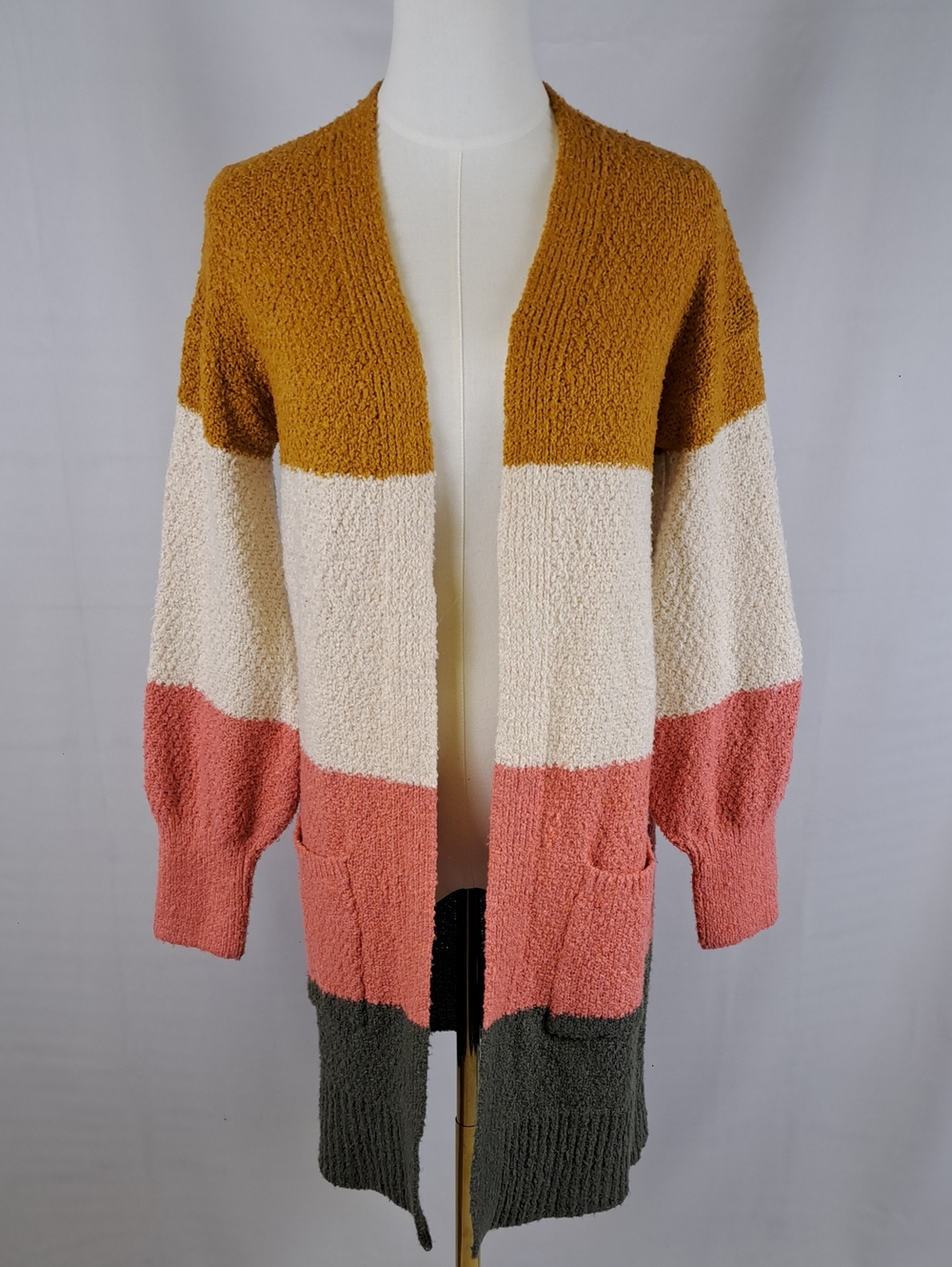 SO Earth Tones Colorblock Open Front Cardigan Sweater Longline Cozy Knit Size S